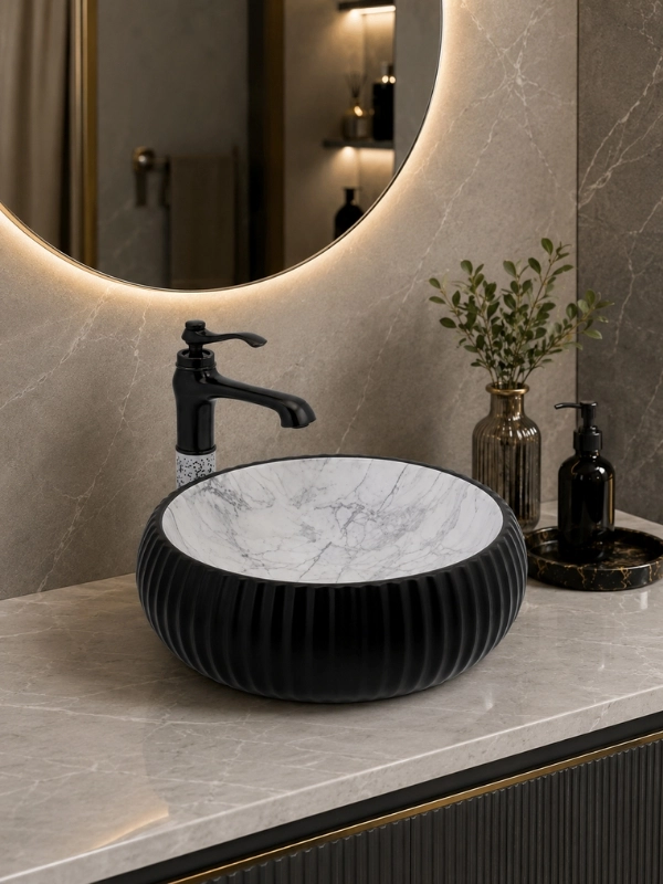 Siyah Mermer Desenli Kabartmalı Seramik Çanak Lavabo 40x40x13 cm - Pop Up Hediyeli