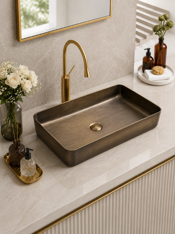 Eskitme bronz dikdörtgen tezgah üstü çanak lavabo 60x35 cm