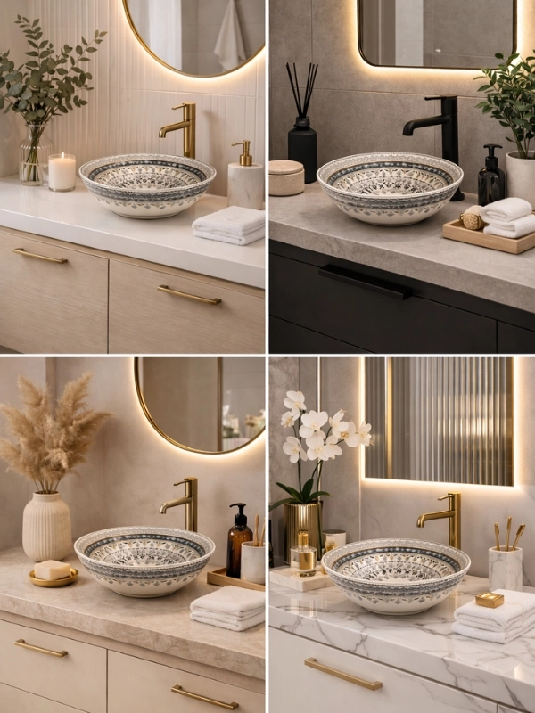 Çini Desenli Tezgah Üstü Seramik Çanak Lavabo 39,5x39,5x12,5 cm