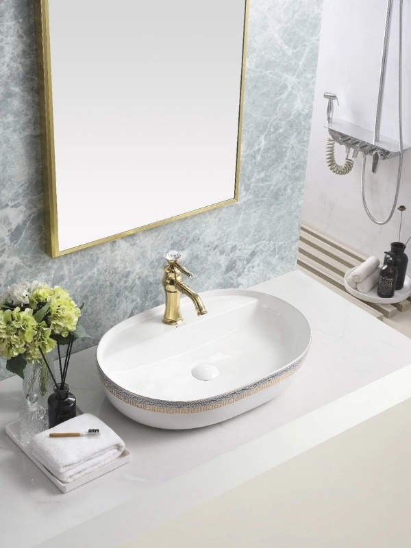 Beyaz Gold Geometrik Desenli Seramik Çanak Lavabo 60x40x14 cm Batarya Delikli