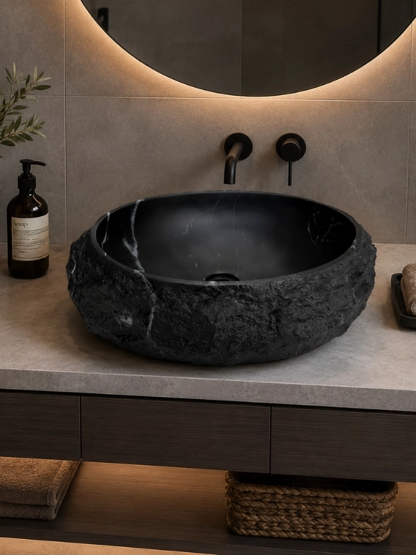 Siyah Tezgah Üstü Seramik Çanak Lavabo 50x40x15 cm