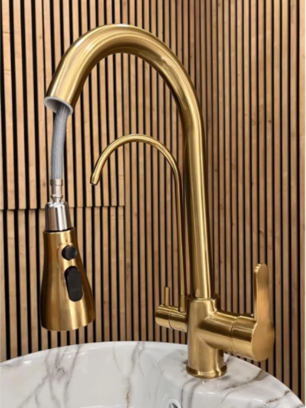 Spiralli Arıtmalı Mutfak Evye Bataryası Mat GOLD 