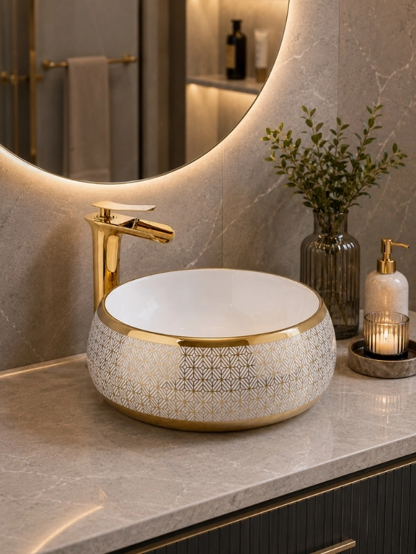 Beyaz Gold Geometrik Desenli Seramik Çanak Lavabo 40x40x15,5 cm - Pop Up Hediyeli