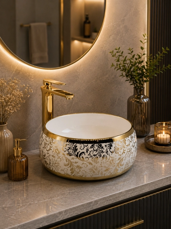 Beyaz Gold Desenli Seramik Çanak Lavabo 40x40x15,5 cm - Pop Up Hediyeli
