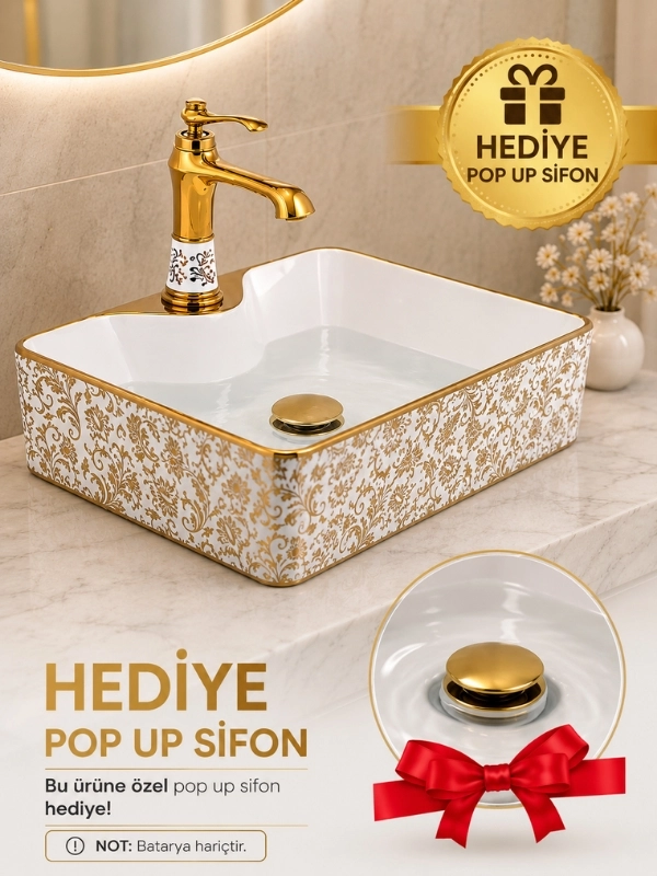 Beyaz Gold Desenli Seramik Çanak Lavabo 48x37x13 cm Pop Up Sifon Dahil