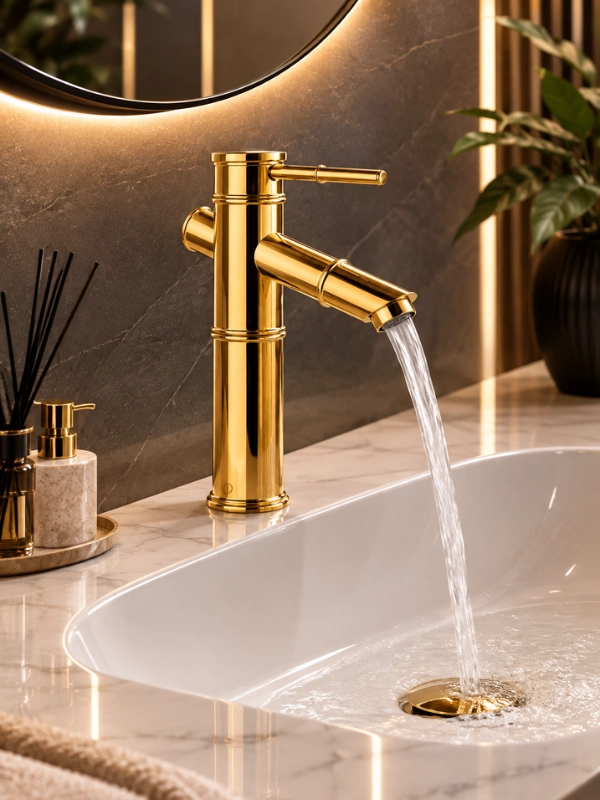 Bambu Tasarım Parlak Gold Lavabo Bataryası – Batarya Delikli Lavabolar İçin