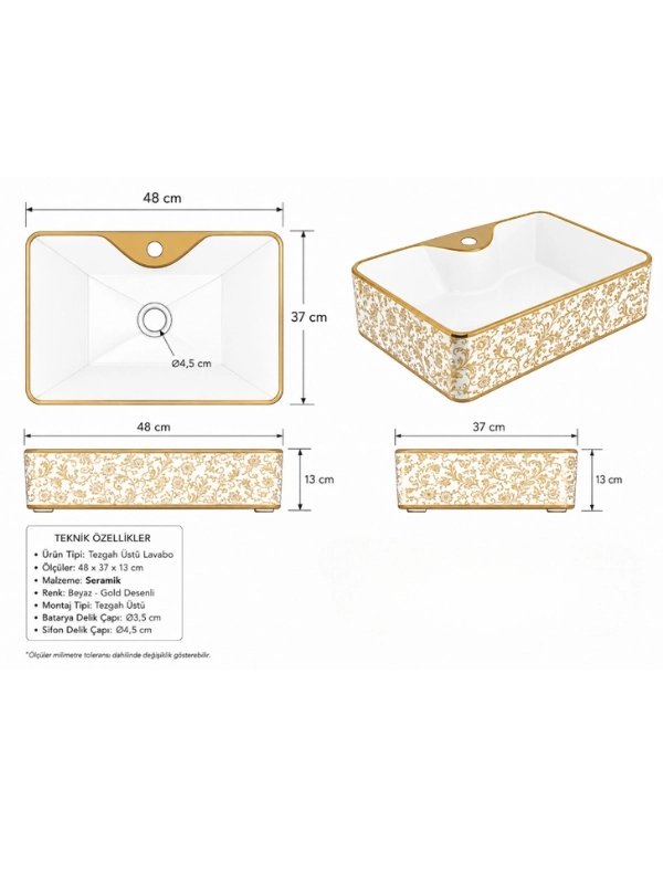 Beyaz Gold Desenli Seramik Çanak Lavabo 48x37x13 cm Pop Up Sifon Dahil