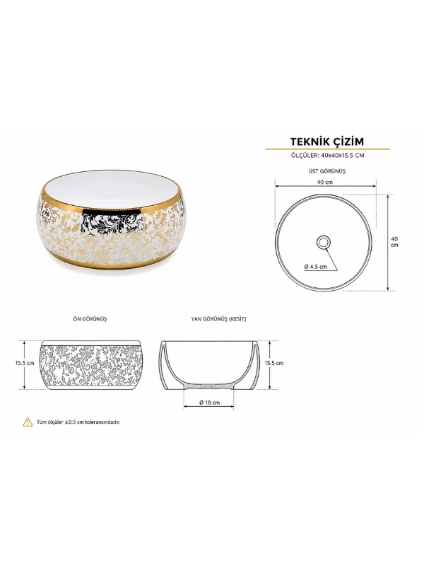 Beyaz Gold Desenli Seramik Çanak Lavabo 40x40x15,5 cm - Pop Up Hediyeli