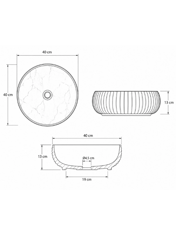 Siyah Mermer Desenli Kabartmalı Seramik Çanak Lavabo 40x40x13 cm - Pop Up Hediyeli