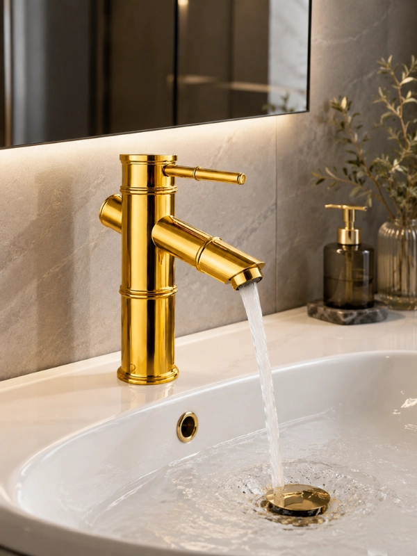 Bambu Tasarım Parlak Gold Lavabo Bataryası – Batarya Delikli Lavabolar İçin