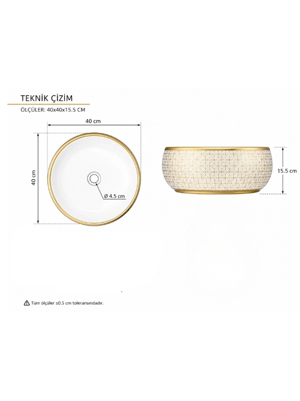 Beyaz Gold Geometrik Desenli Seramik Çanak Lavabo 40x40x15,5 cm - Pop Up Hediyeli