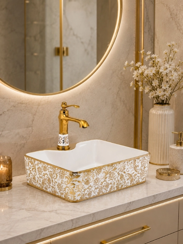 Beyaz Gold Desenli Seramik Çanak Lavabo 48x37x13 cm Pop Up Sifon Dahil