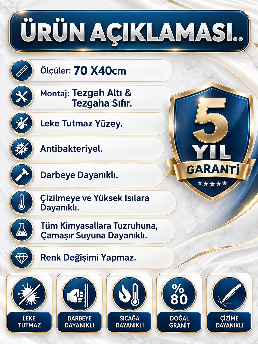 70x40 cm Siyah Tek Gözlü Mutfak Evyesi