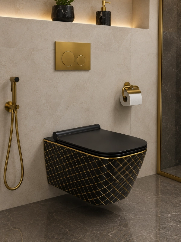 Siyah Gold Kafes Desenli Asma Klozet 52x36x33,5 cm