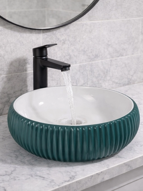 Yeşil Beyaz Yivli Seramik Çanak Lavabo 40x40x13 cm