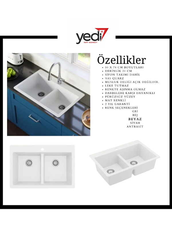 Mutfak Granit Evye Çift Gözlü Beyaz