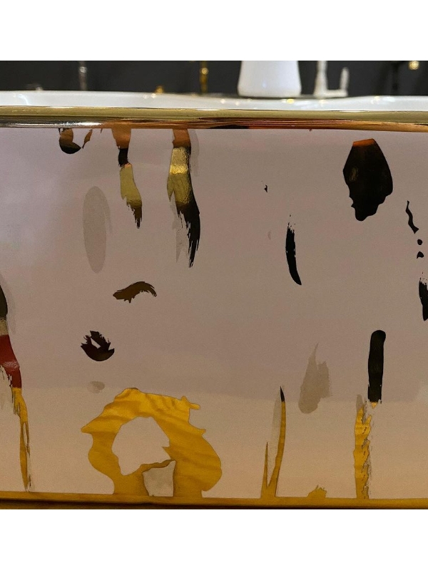 Beyaz Gold Desenli Seramik Çanak Lavabo 48x37x13 cm Batarya Delikli