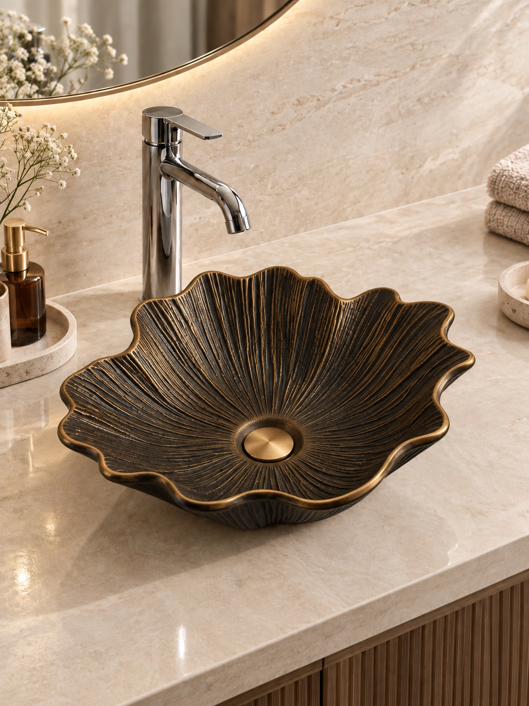 Eskitme bronz çiçek formlu seramik çanak lavabo 48x40 cm