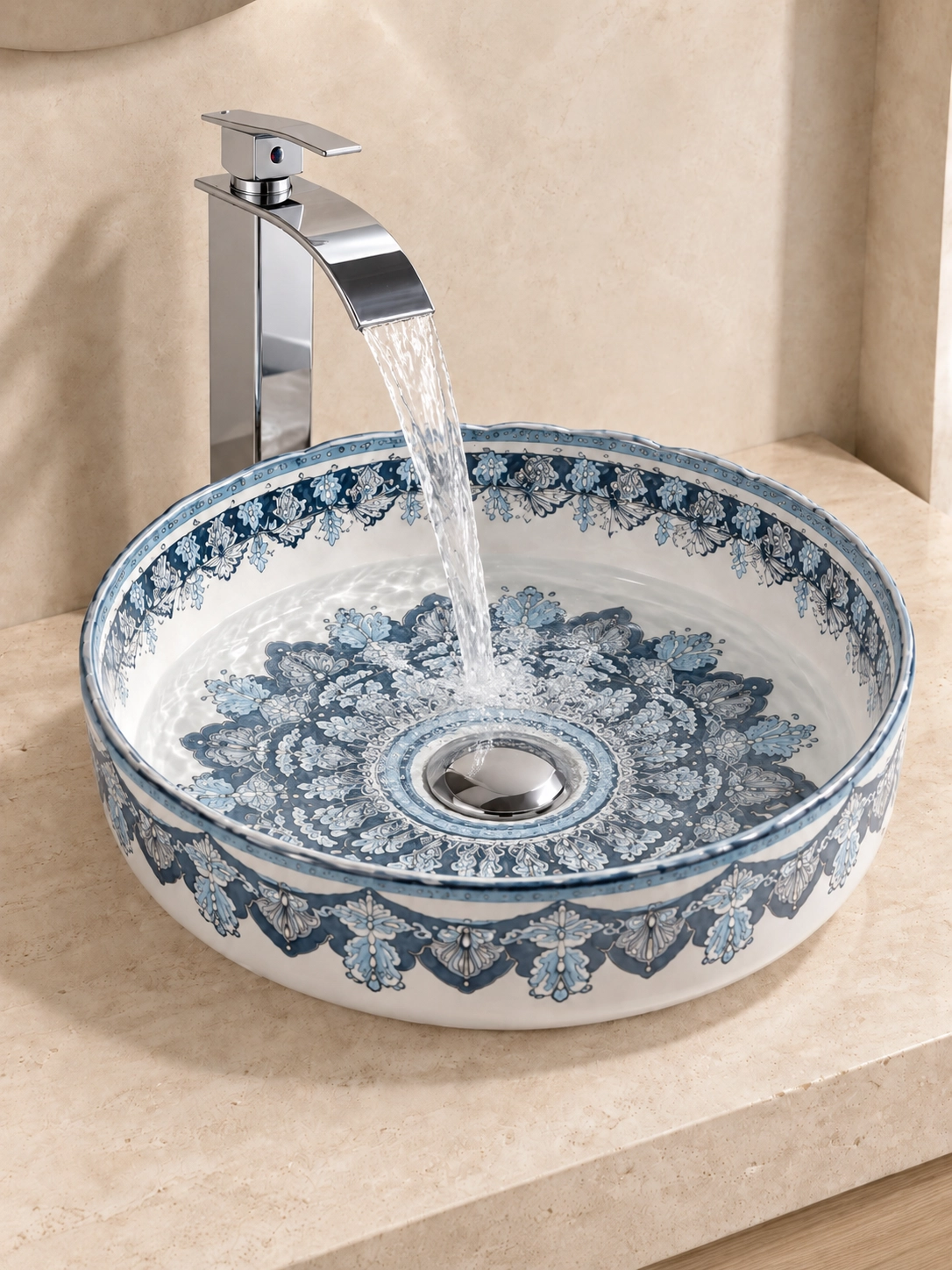 Mavi Beyaz Desenli Tezgah Üstü Seramik Lavabo