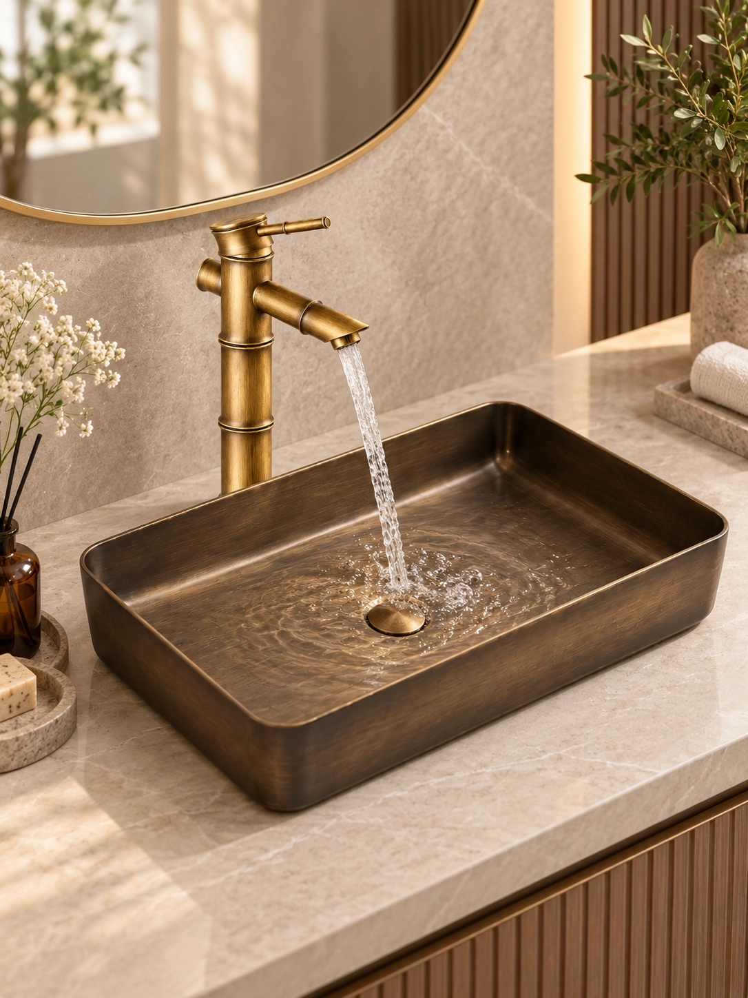 Eskitme Bronz Görünümlü Dikdörtgen Çanak Lavabo