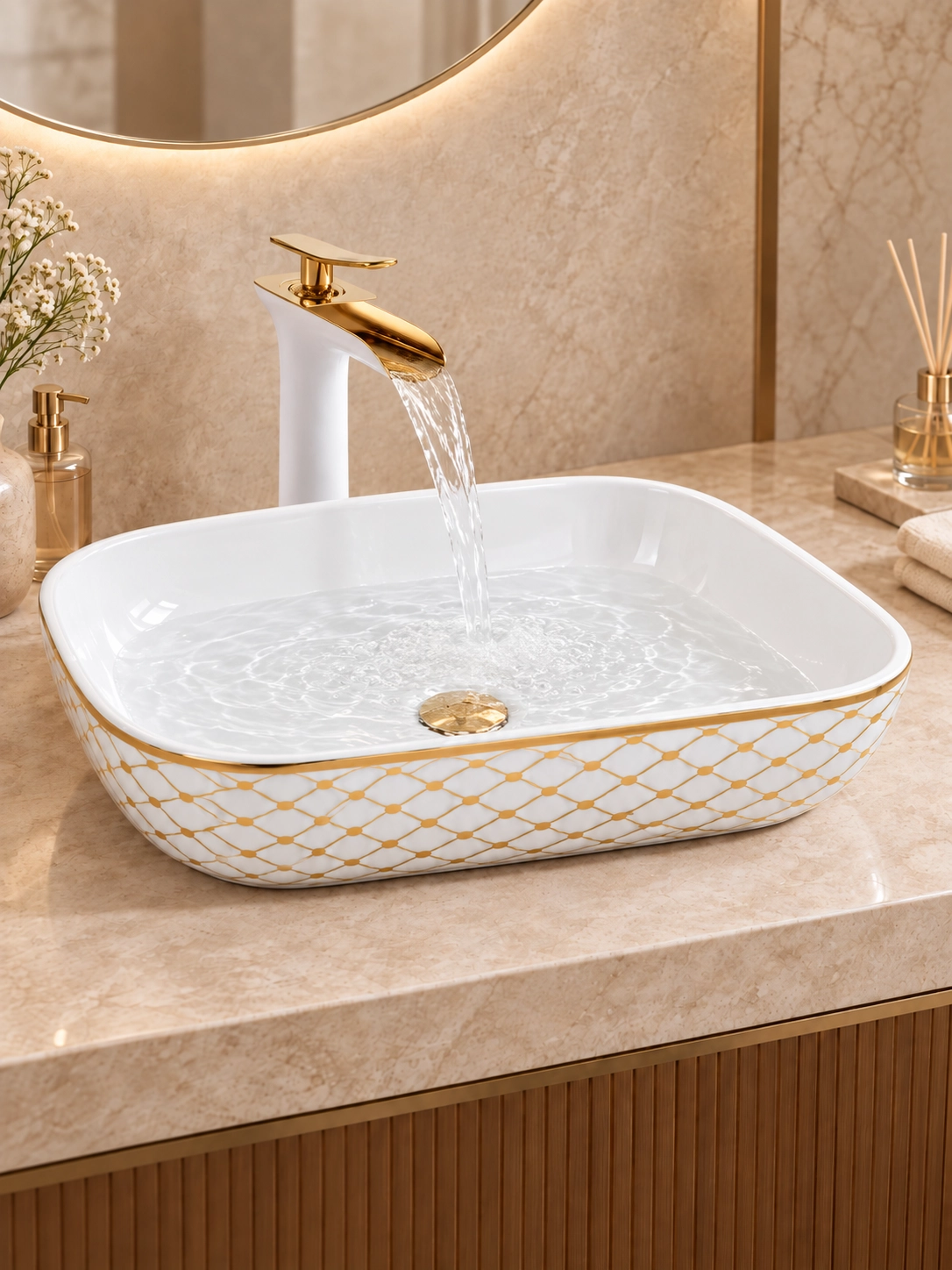 Beyaz Gold Geometrik Desenli Dikdörtgen Tezgah Üstü Seramik Çanak Lavabo