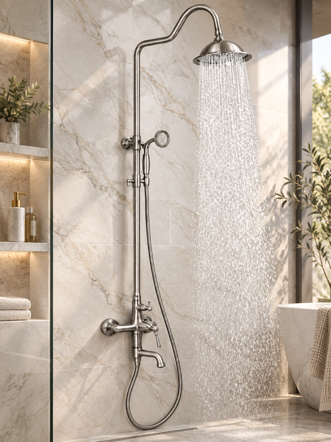Retro Tepe Duşlu Banyo Bataryalı Duş Seti Mat Gümüş İnox