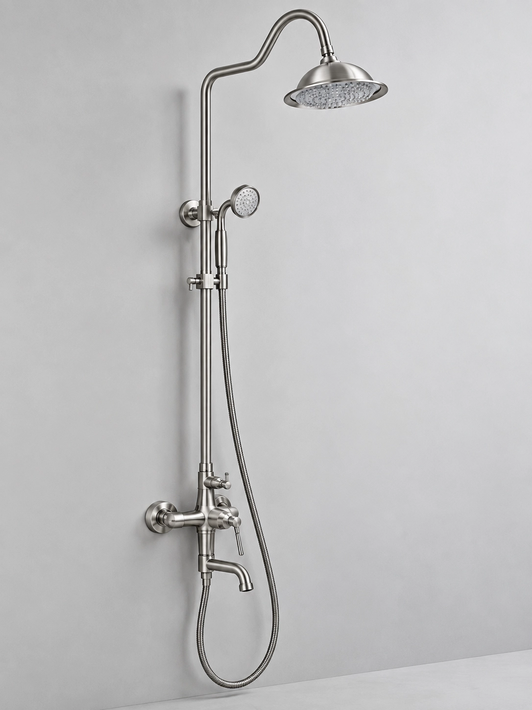 Retro Tepe Duşlu Banyo Bataryalı Duş Seti Mat Gümüş İnox
