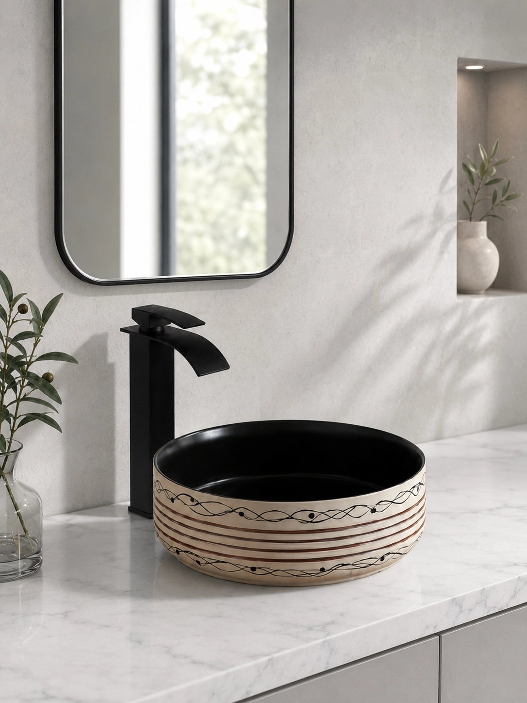 Siyah Krem Desenli Seramik Çanak Lavabo 36x36x13 cm