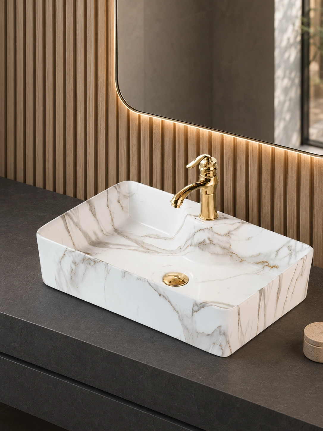 Beyaz Gold Mermer Desenli Seramik Çanak Lavabo 60x40x14 cm