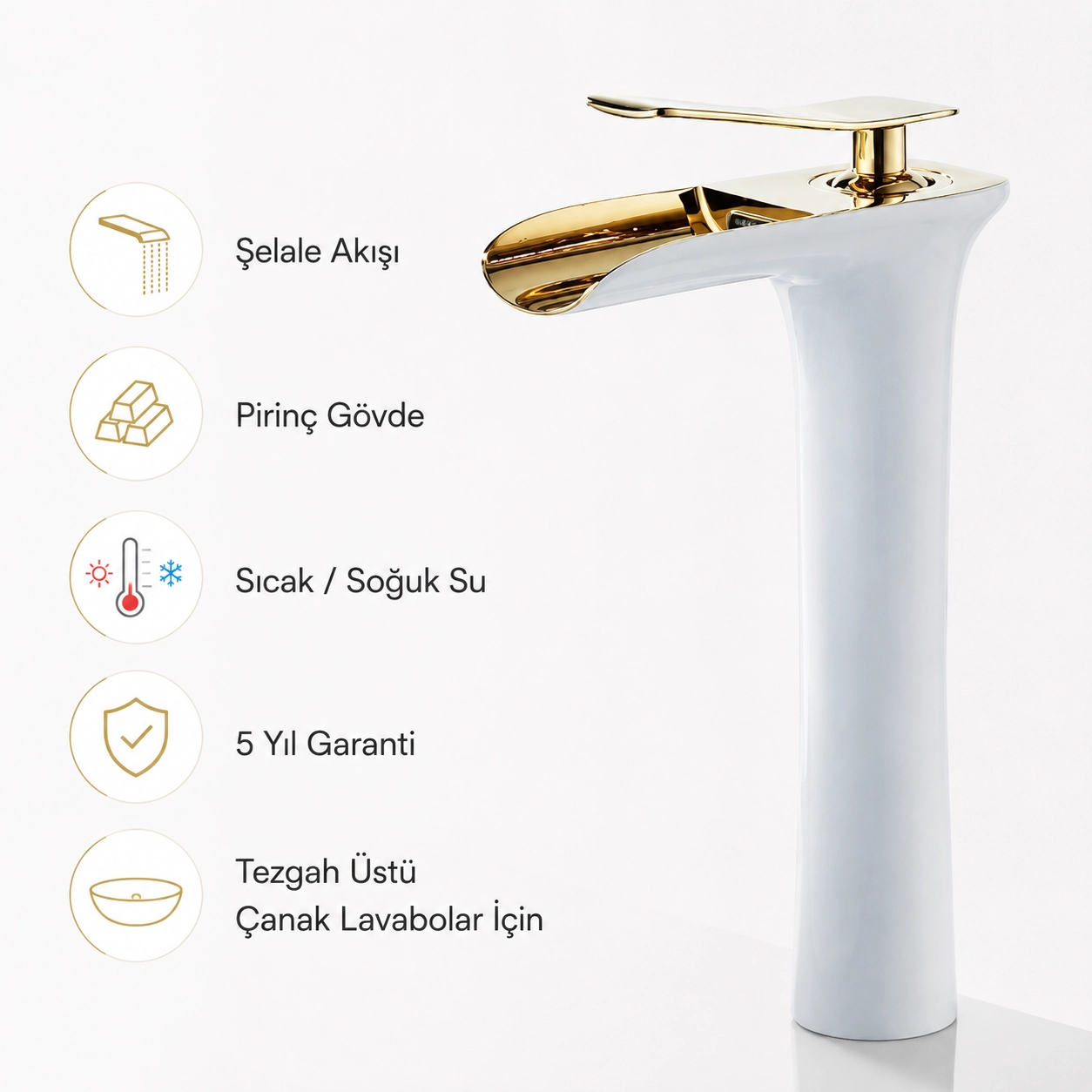 Beyaz Gold Şelale Çanak Lavabo Bataryası Pirinç Gövde