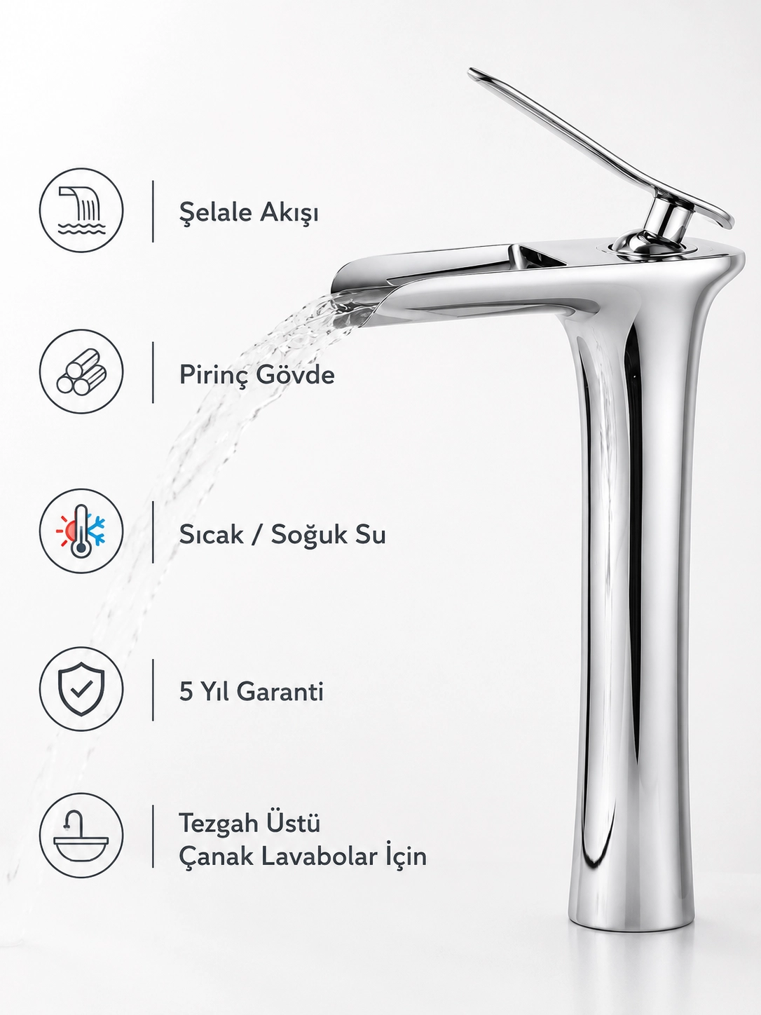 Gümüş Şelale Yüksek Çanak Lavabo Bataryası – Pirinç Gövde