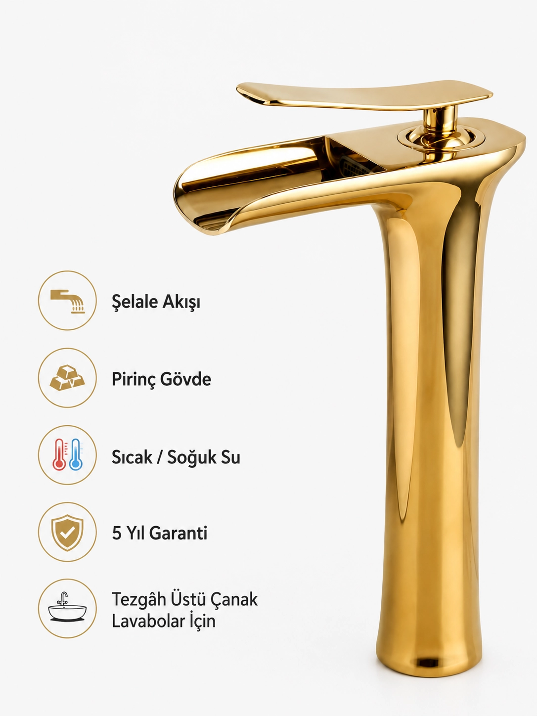 Gold Şelale Yüksek Çanak Lavabo Bataryası Pirinç Gövde