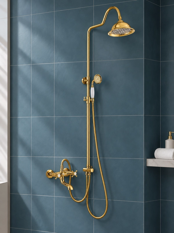 Porselen Desenli Rustik Duş Seti Gold