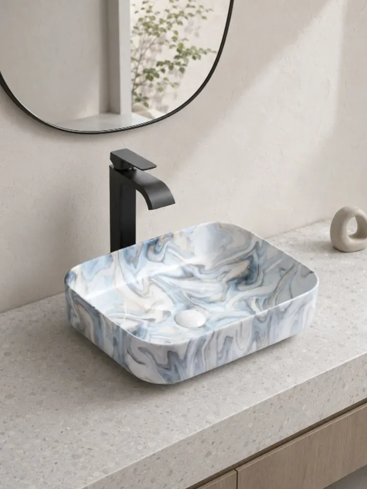 Mavi Gri Mermer Desenli Seramik Çanak Lavabo 50x40x14 cm