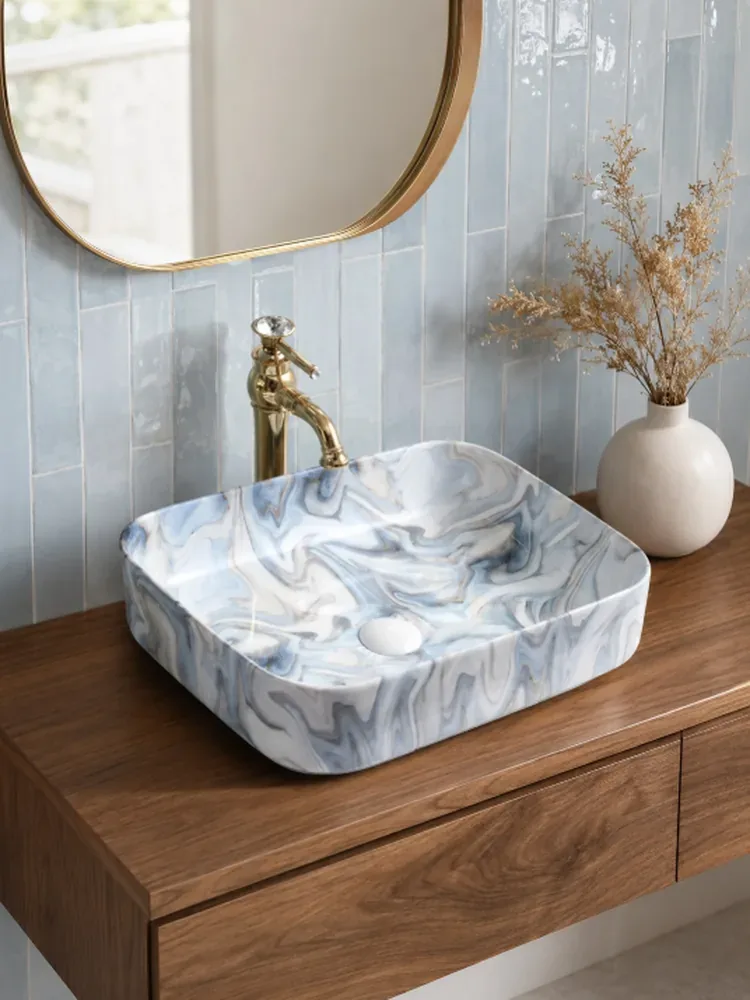 Mavi Gri Mermer Desenli Seramik Çanak Lavabo 50x40x14 cm