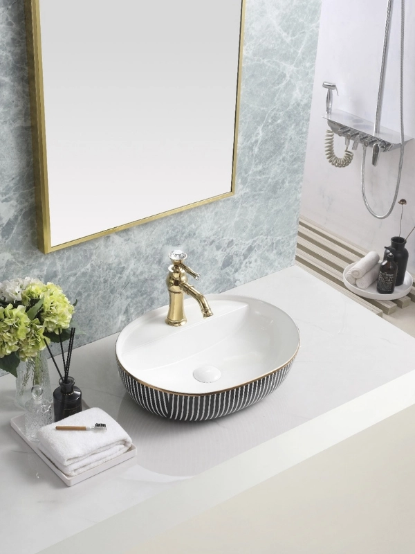Siyah Gold Çizgili Seramik Çanak Lavabo 60x38x14 cm Batarya Delikli