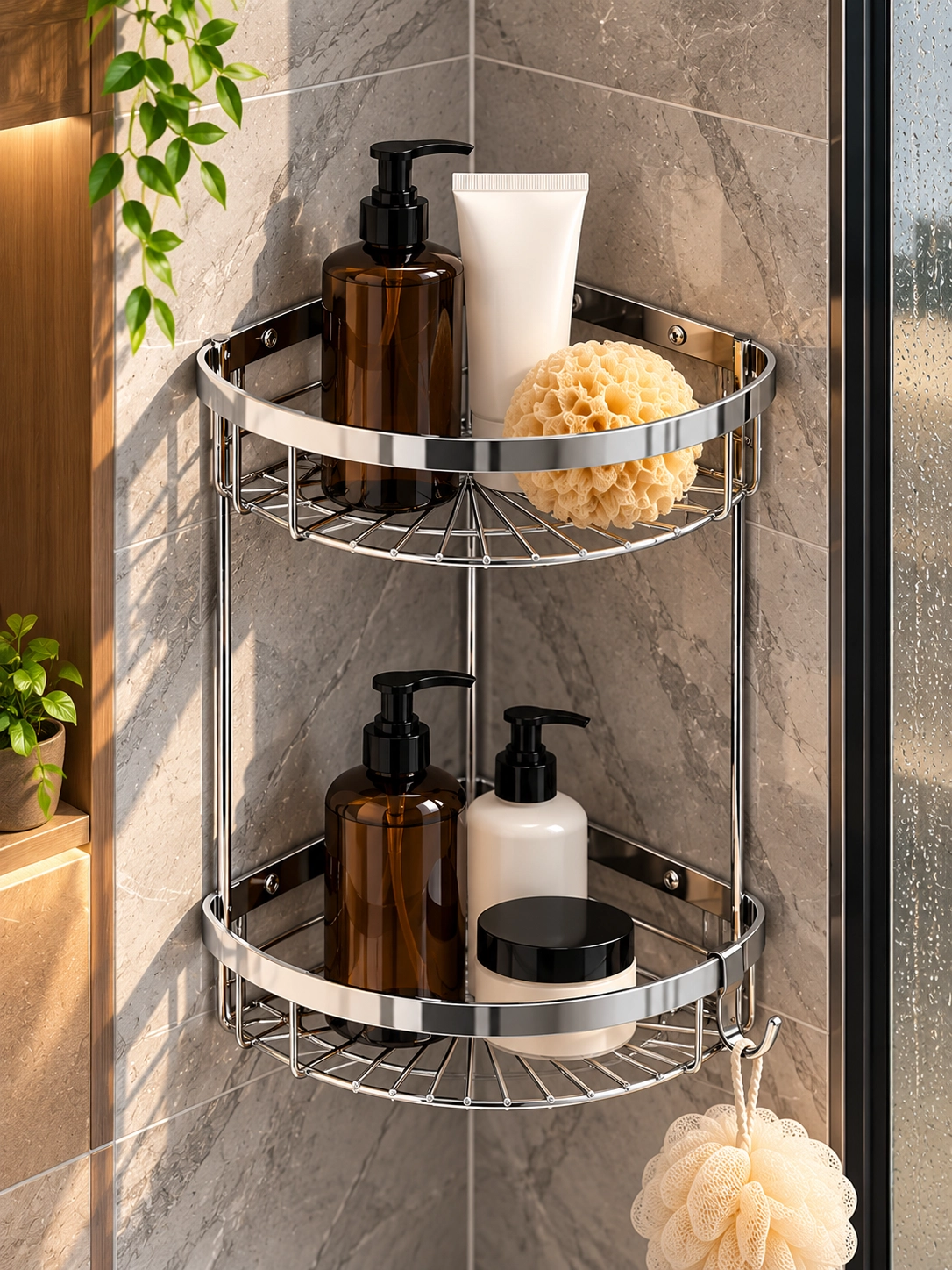 304 Paslanmaz Çelik 2 Katlı Köşe Banyo Rafı ve Duşakabin Şampuanlık 18x18 cm