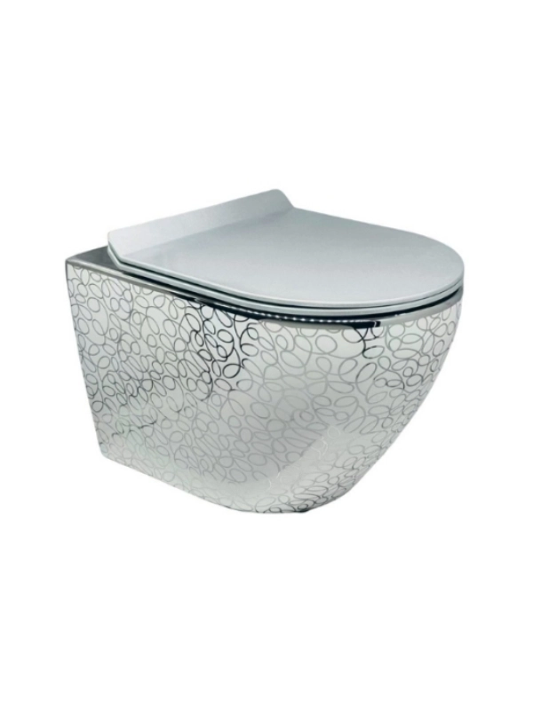 Gümüş Desenli Asma Klozet 48x36,5 cm Amortisörlü Kapaklı