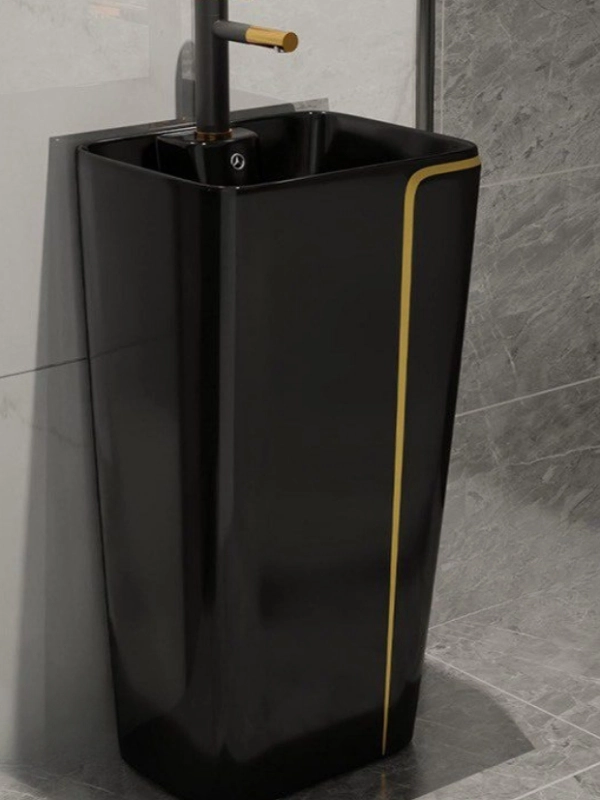 Siyah Gold Detaylı Köşeli Monoblok Lavabo 44x36x86 cm