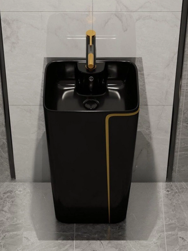 Siyah Gold Detaylı Köşeli Monoblok Lavabo 44x36x86 cm