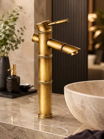 Bambu Eskitme Gold Yüksek Çanak Lavabo Bataryası