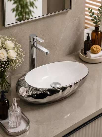 Gümüş Oval Çanak Lavabo 52x32 cm | Seramik