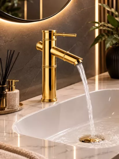 Bambu Tasarım Parlak Gold Lavabo  Banyo Bataryası