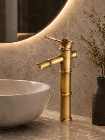 Bambu Eskitme Gold Yüksek Çanak Lavabo Bataryası