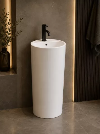Beyaz Silindirik Monoblok Lavabo 40x40x85 cm