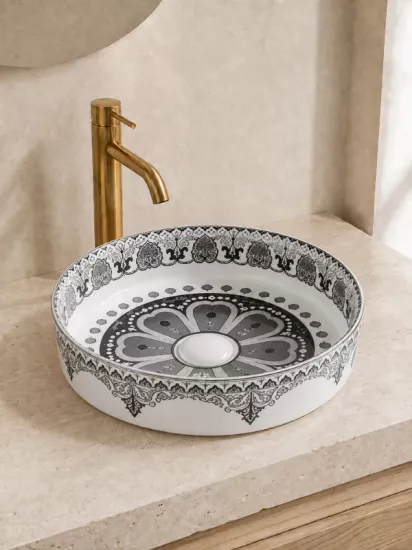 Siyah Beyaz Desenli Çanak Lavabo | Seramik Lavabo