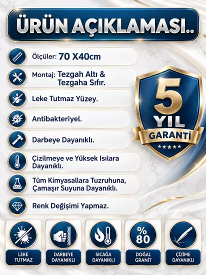 70x40 Beyaz Tek Gözlü Mutfak Evyesi Sifon Dahil