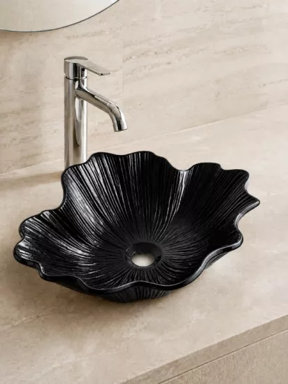 Siyah Çiçek Formlu Çanak Lavabo | Seramik Lavabo