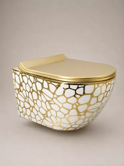 Beyaz Gold Desenli Asma Klozet 48x36,5 cm | Duvara Monte Klozet