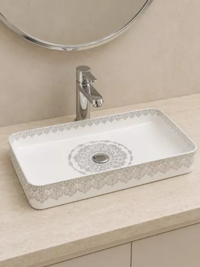 Beyaz Gold Desenli Çanak Lavabo | Seramik Lavabo